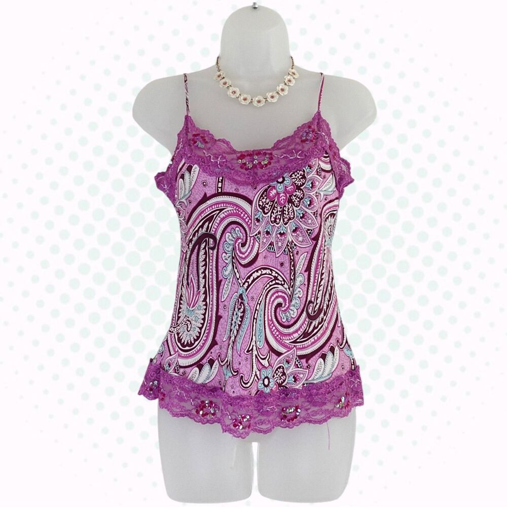 Vintage Y2K NY & Co 100% Silk Pink Paisley Beaded Lace Trim Camisole Size S